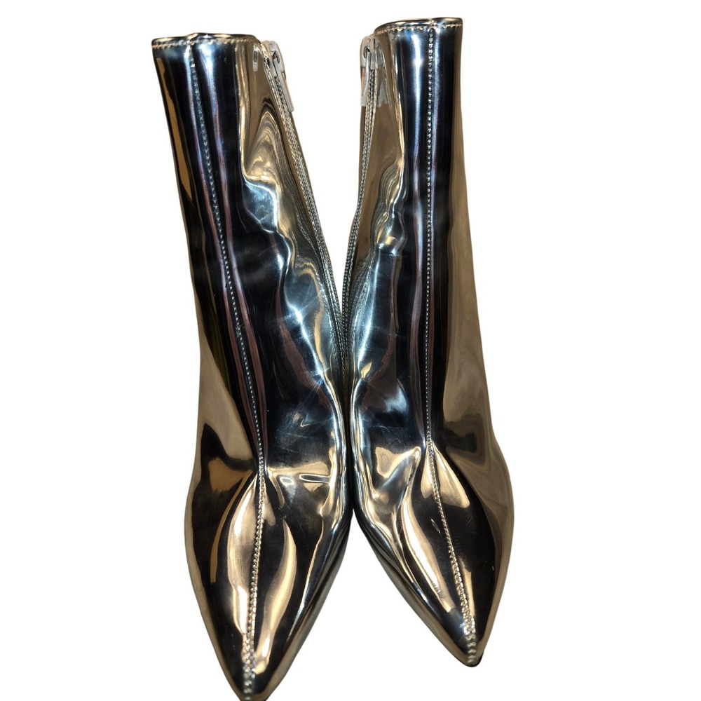 Silver Metallic Mirror Ankle Boots Pointed Toe Stiletto Heel Booties Size 6.5